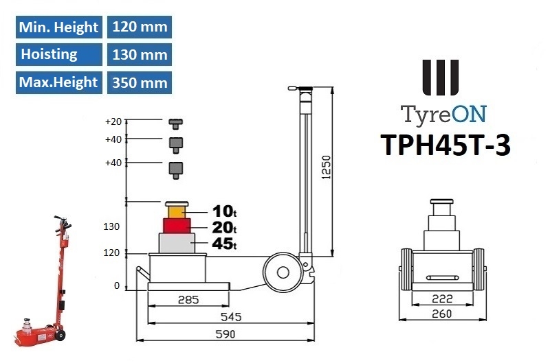 TyreON TPH45T-3 Pneumatic jack 3-Stage 45T cm 12 - Minumum - 